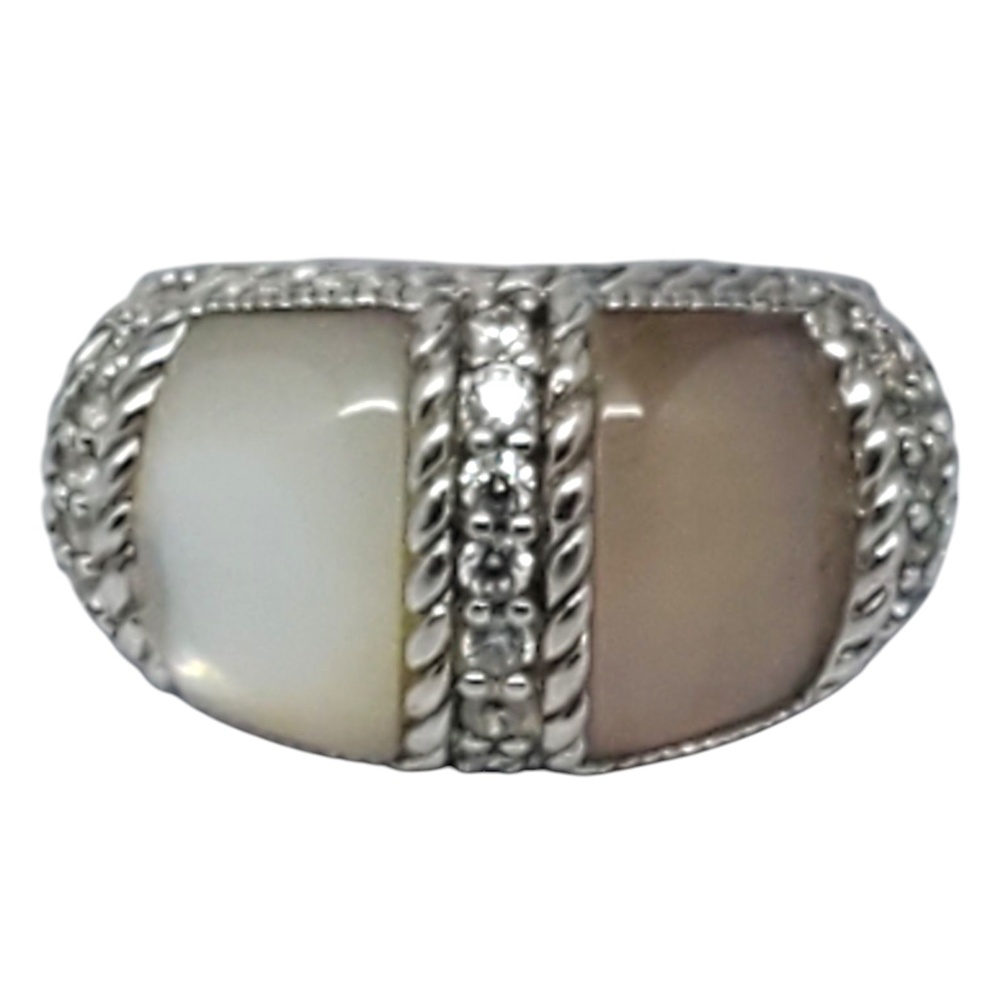 Judith Ripka Sterling Mother Of Pearl & Rose Quartz Ring Size 7 #21107